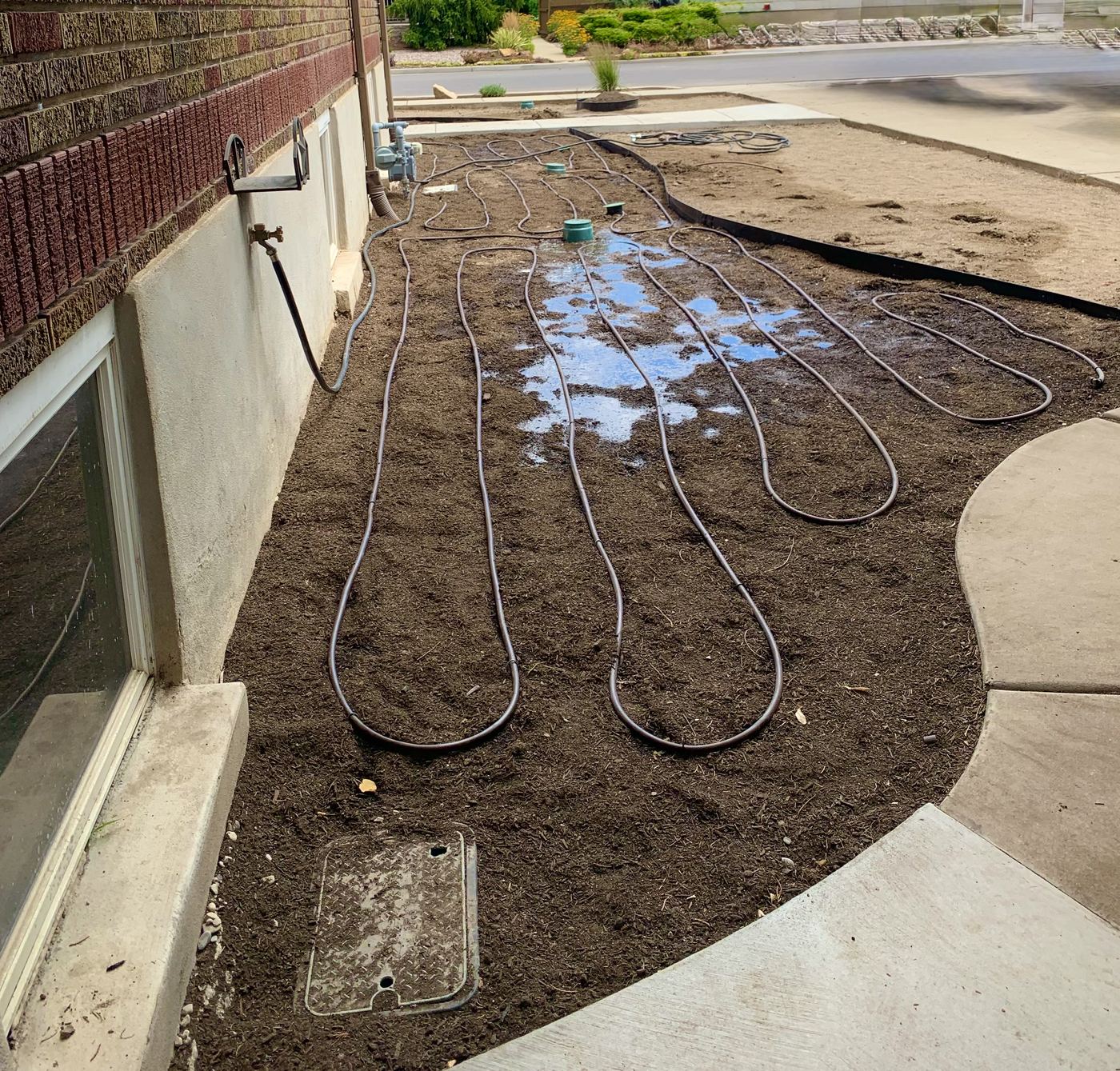 Drip line installation along a foundation bed near the hose bib
